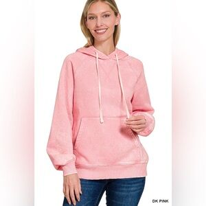 Zenana Outfitters Acid Wash Fleece Hoodie with Kangaroo Pocket Pink Medium
